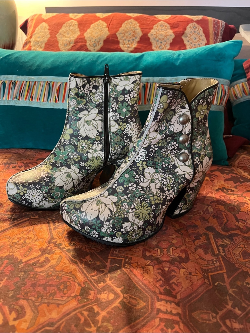 John Fluevog Floral Green & White on Black Ankle Boots with Button Accents